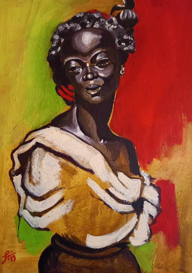 Gemälde einer dunkelhäutigen Frau vor buntem Hintergrund.